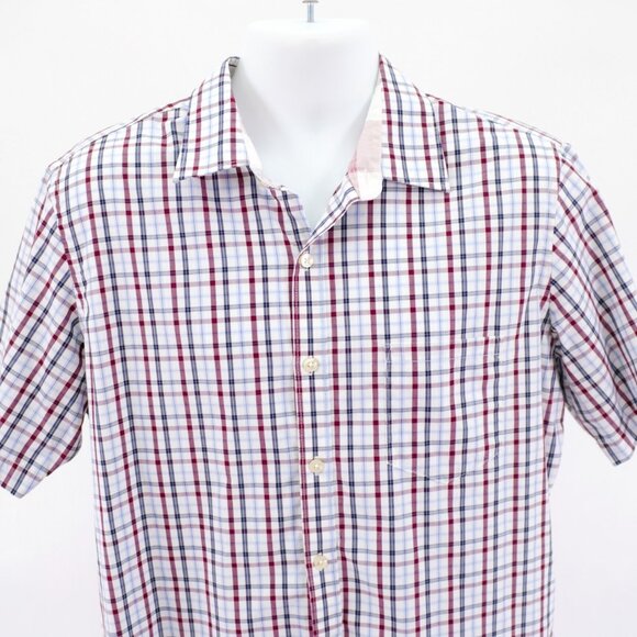 Van Heusen Large‎ 16-16.5 Collared Dress Shirt Plaid White Blue Red Short Sleeve - Picture 1 of 9